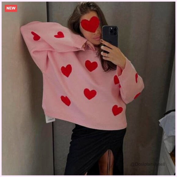 Heart Print Sweatshirt Oversized Pullover Casual Crewneck Y2K Valentine Top - Picture 2 of 7